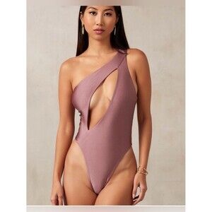 MBM Asymmetric One-Shoulder Cutout Bodysuit/Swimsuit in Dusty Rose